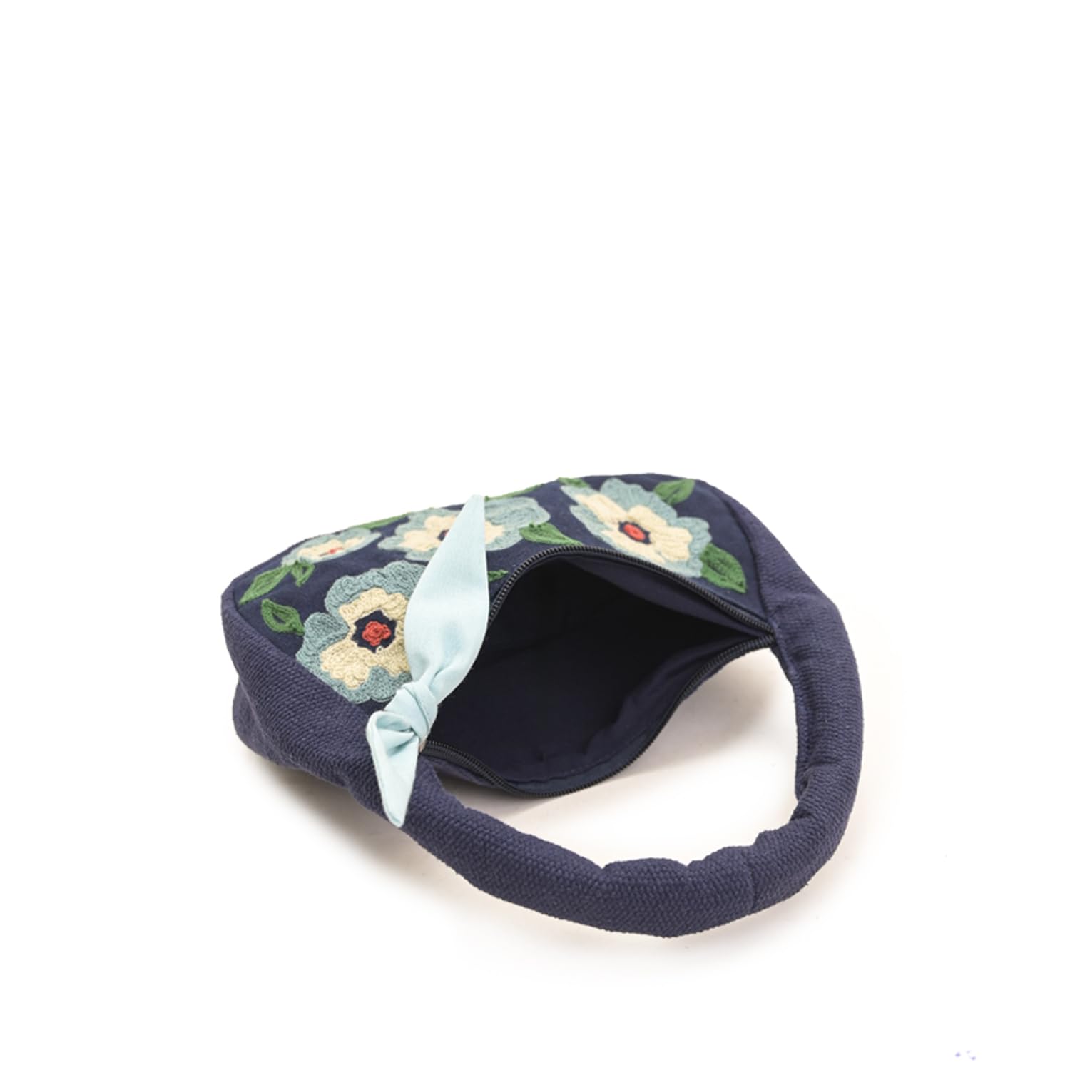 Boho Girl Indigo Blossom Tote Bag – Navy Blue Floral Handbag for Women with Embroidered Flowers, Padded Handle & Ribbon Detail – Chic Shoulder Bag for Travel, Brunch