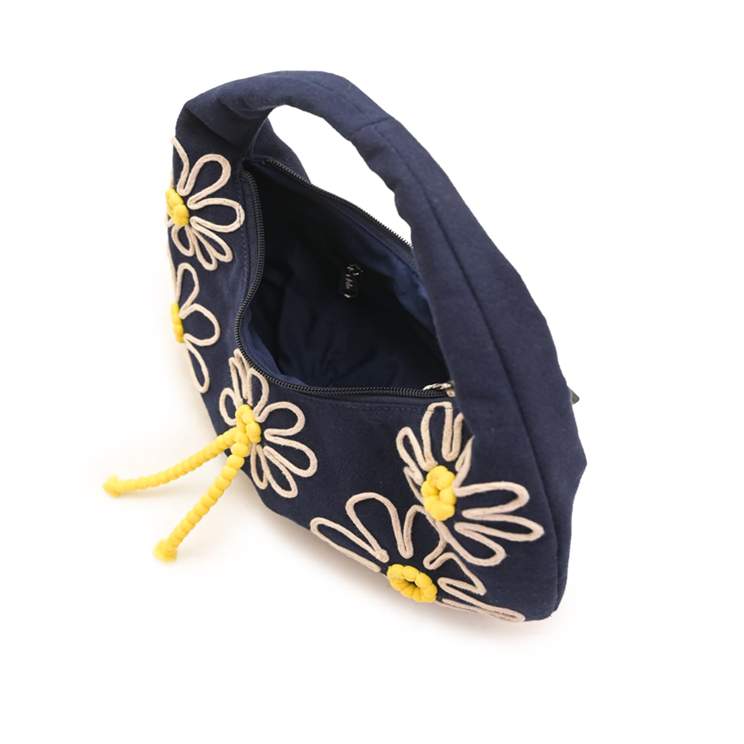 Boho Girl Indigo Blossom Tote Bag – Navy Blue Floral Handbag for Women with Embroidered Flowers, Padded Handle & Ribbon Detail – Chic Shoulder Bag for Travel, Brunch