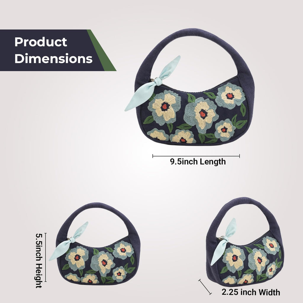 Boho Girl Indigo Blossom Tote Bag – Navy Blue Floral Handbag for Women with Embroidered Flowers, Padded Handle & Ribbon Detail – Chic Shoulder Bag for Travel, Brunch