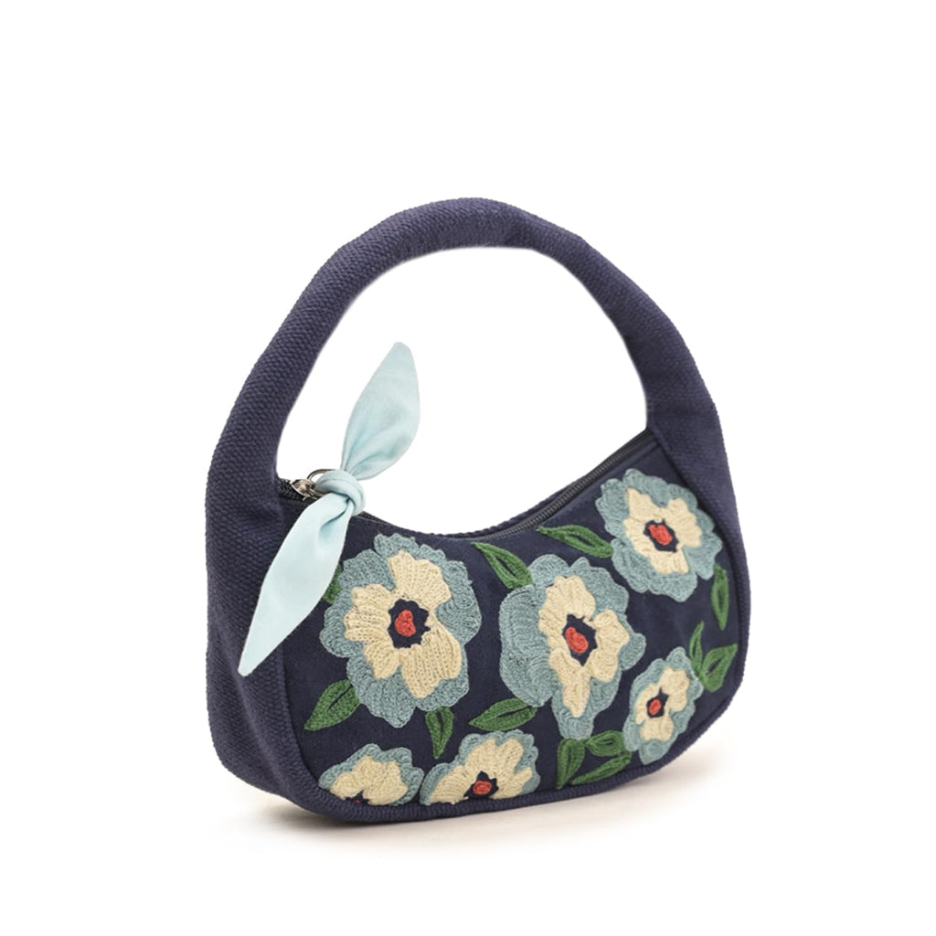 Boho Girl Indigo Blossom Tote Bag – Navy Blue Floral Handbag for Women with Embroidered Flowers, Padded Handle & Ribbon Detail – Chic Shoulder Bag for Travel, Brunch