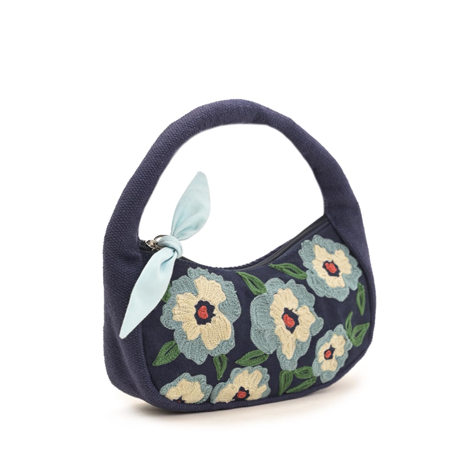 Boho Girl Indigo Blossom Tote Bag – Navy Blue Floral Handbag for Women with Embroidered Flowers, Padded Handle & Ribbon Detail – Chic Shoulder Bag for Travel, Brunch