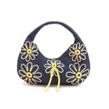 Boho Girl Indigo Blossom Tote Bag – Navy Blue Floral Handbag for Women with Embroidered Flowers, Padded Handle & Ribbon Detail – Chic Shoulder Bag for Travel, Brunch