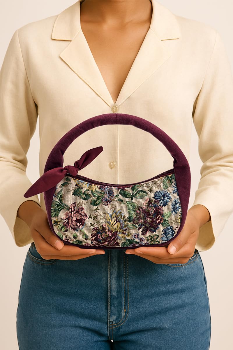 Boho Girl Indigo Blossom Tote Bag – Navy Blue Floral Handbag for Women with Embroidered Flowers, Padded Handle & Ribbon Detail – Chic Shoulder Bag for Travel, Brunch
