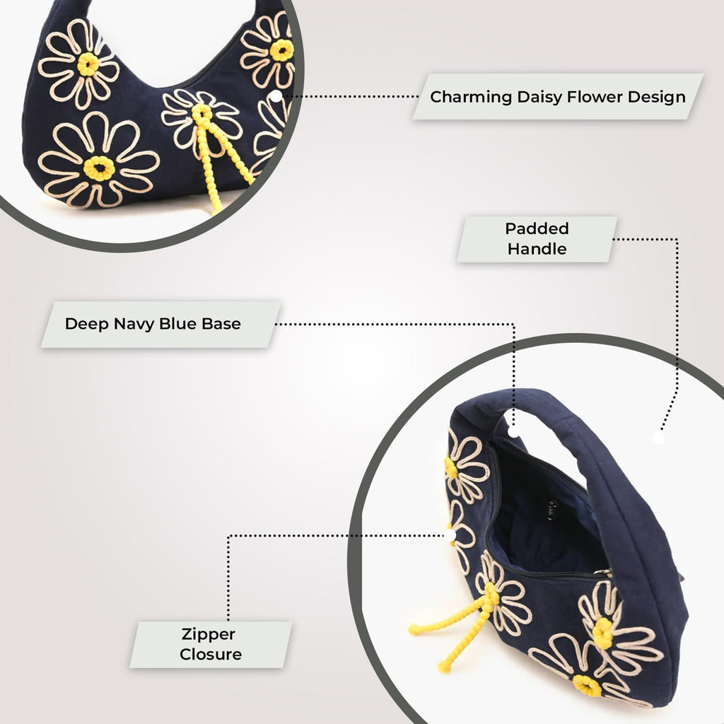 Boho Girl Indigo Blossom Tote Bag – Navy Blue Floral Handbag for Women with Embroidered Flowers, Padded Handle & Ribbon Detail – Chic Shoulder Bag for Travel, Brunch