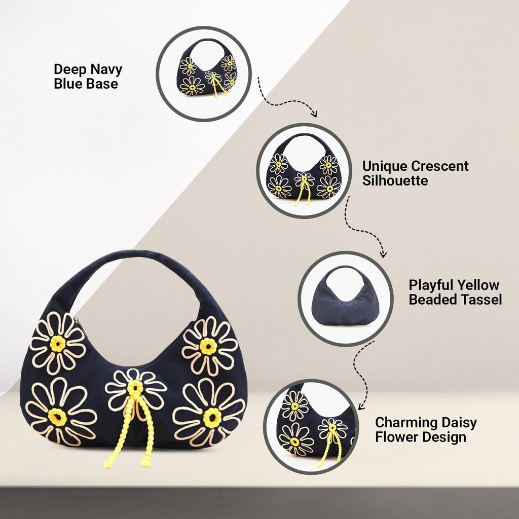Boho Girl Indigo Blossom Tote Bag – Navy Blue Floral Handbag for Women with Embroidered Flowers, Padded Handle & Ribbon Detail – Chic Shoulder Bag for Travel, Brunch