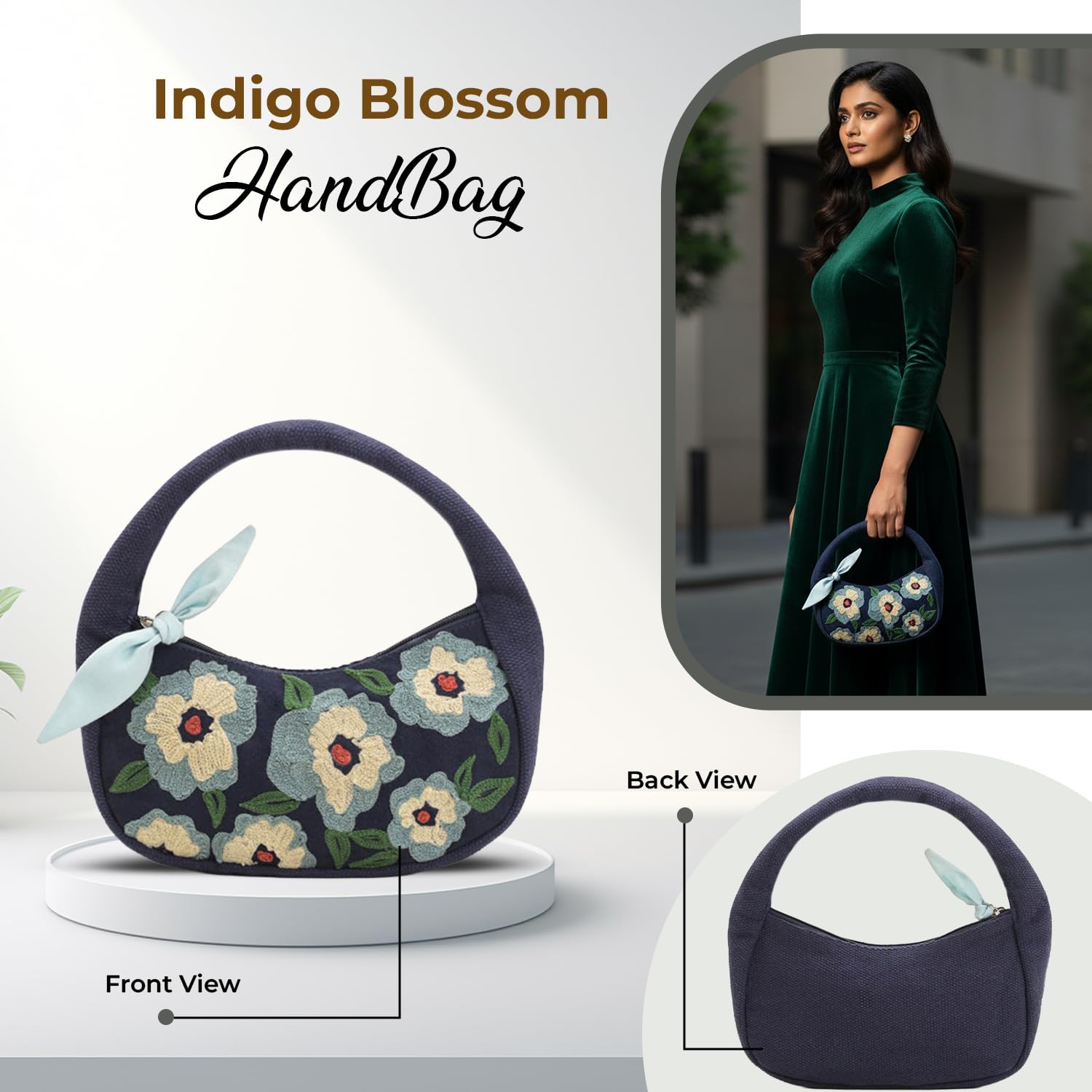 Boho Girl Indigo Blossom Tote Bag – Navy Blue Floral Handbag for Women with Embroidered Flowers, Padded Handle & Ribbon Detail – Chic Shoulder Bag for Travel, Brunch